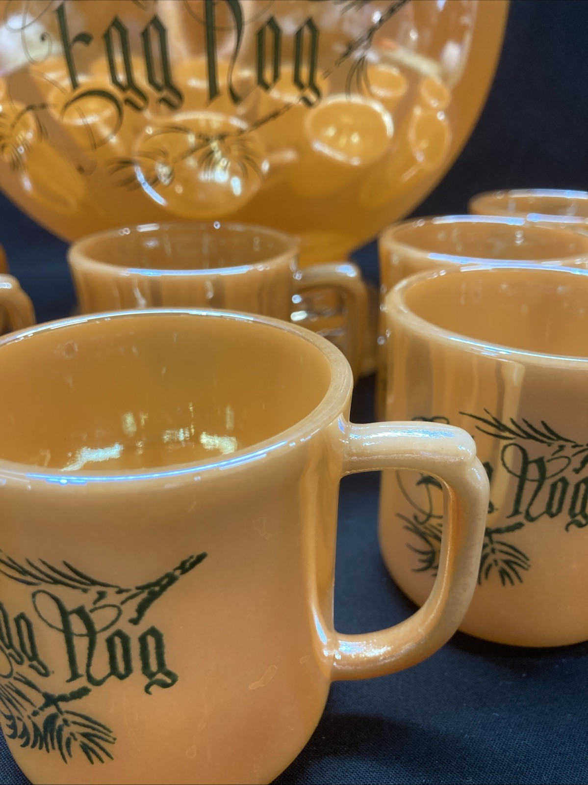 eggnog punch bowl set vintage Tom & Jerry Peach Luster Fire King W/stand 12 Cups