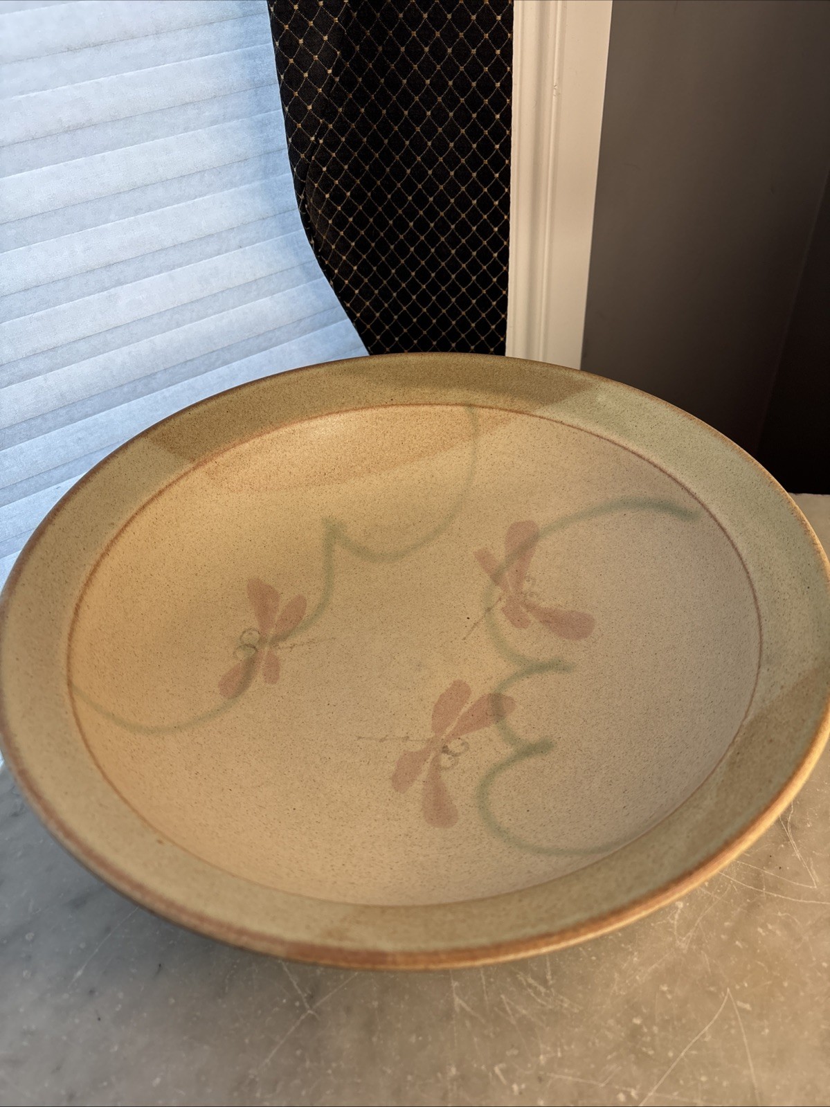 Whimsical Handmade Studio Pottery Bowl-Signed- Dragonfly Motif 11-7/8″ Dia.