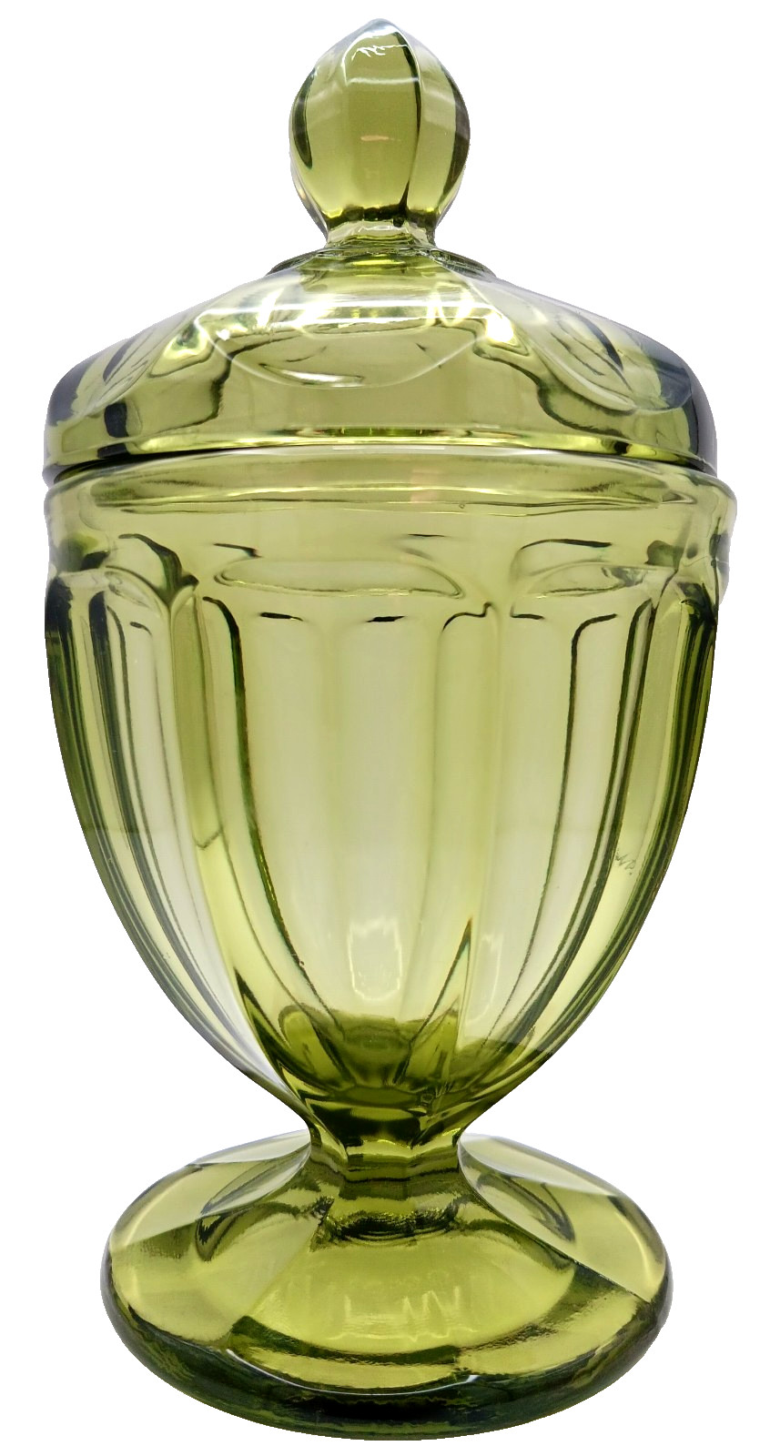 L E Smith? 7.8″ Paneled Olive Green Compote Candy Dish & Matching Lid w/Finial