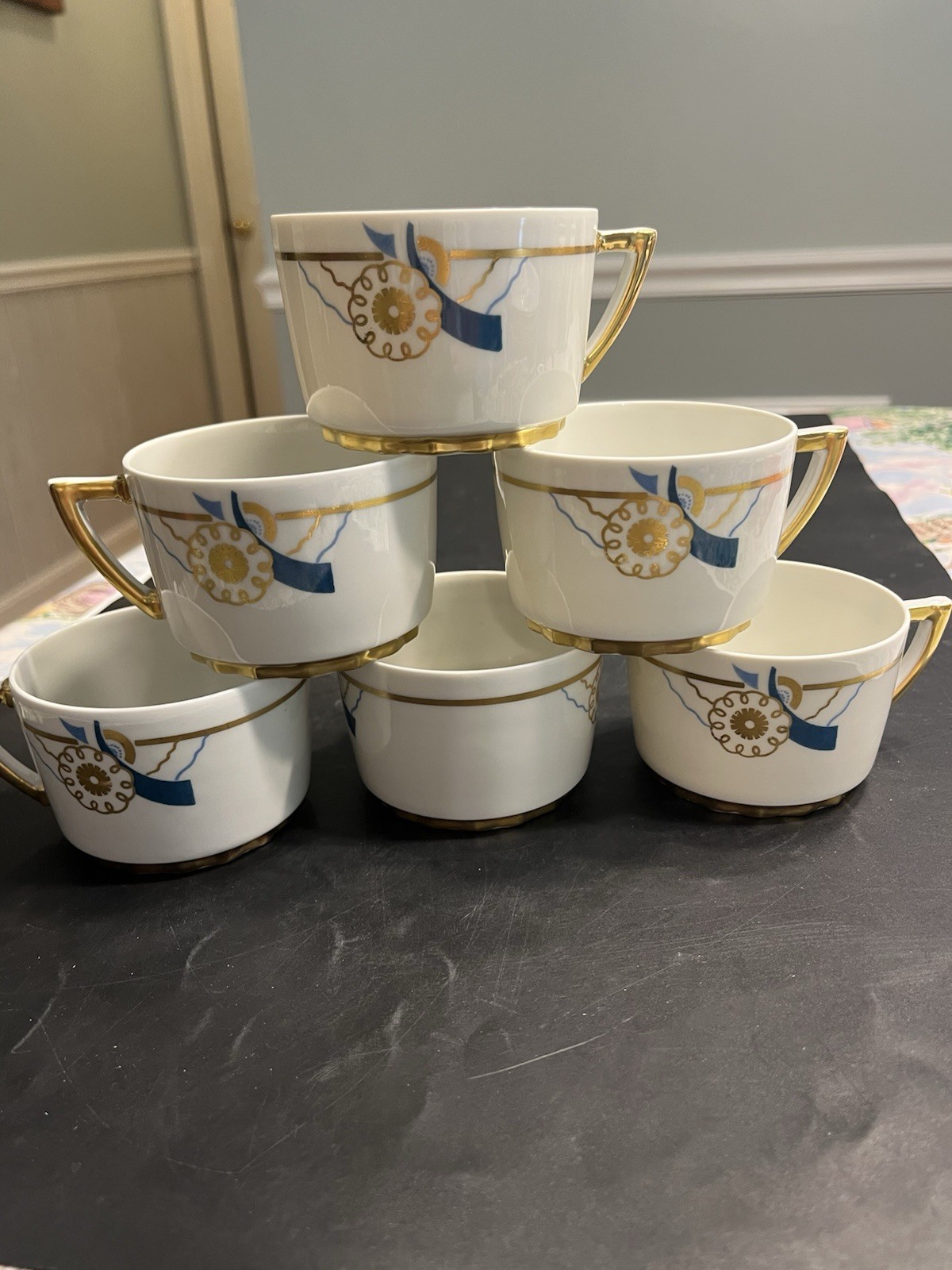 Haviland Limoges France Gold Teal Blue Coffee Tea Cups Mugs 6pc