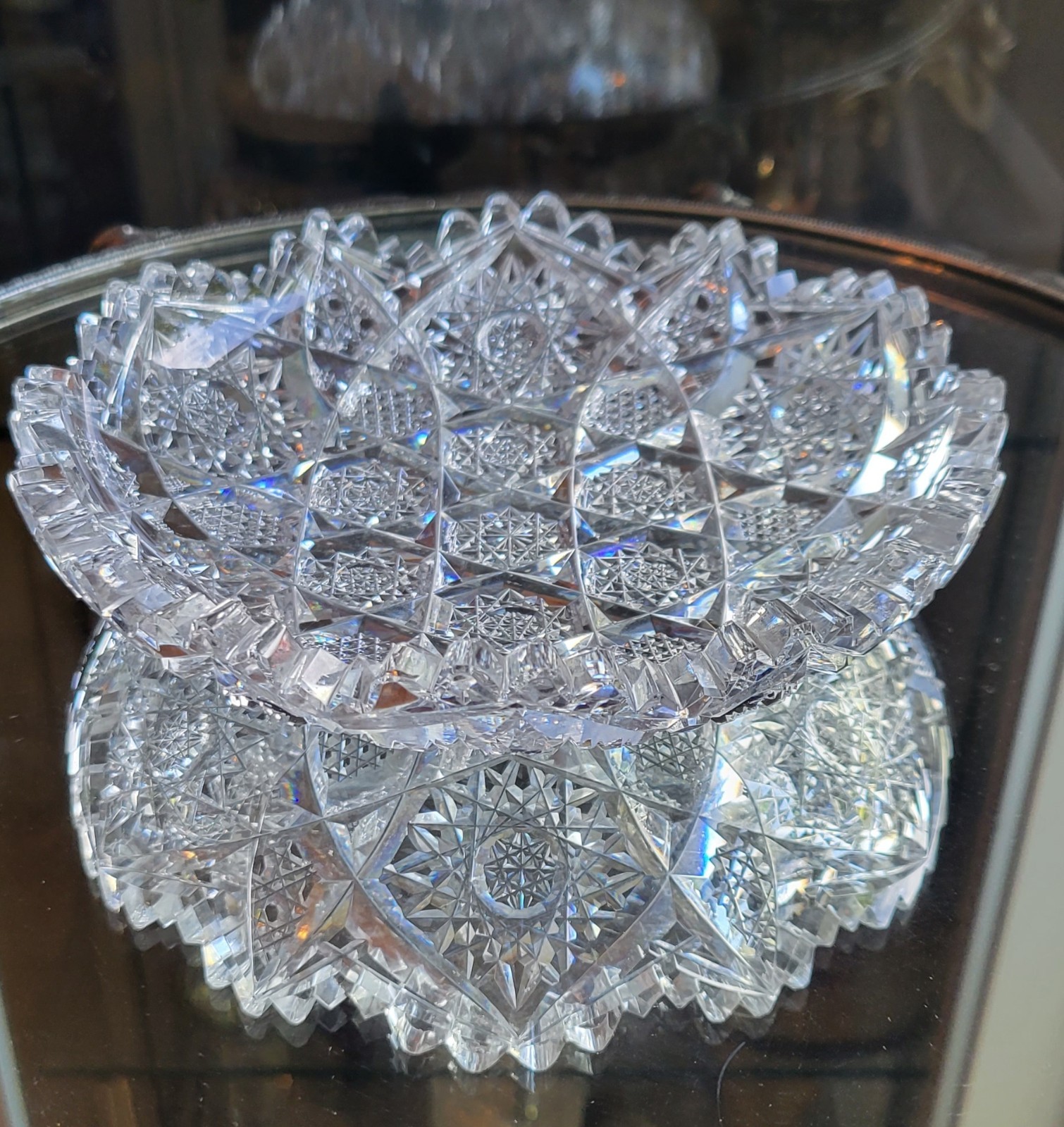 American Brilliant Cut Glass Crystal Intricate Hobstar cluster pattern 6″ Dish