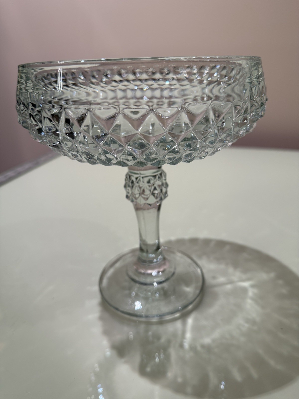 INDIANA GLASS Co. Pedestal Diamond Point Compote Candy Dish Bowl Barely Blue USA
