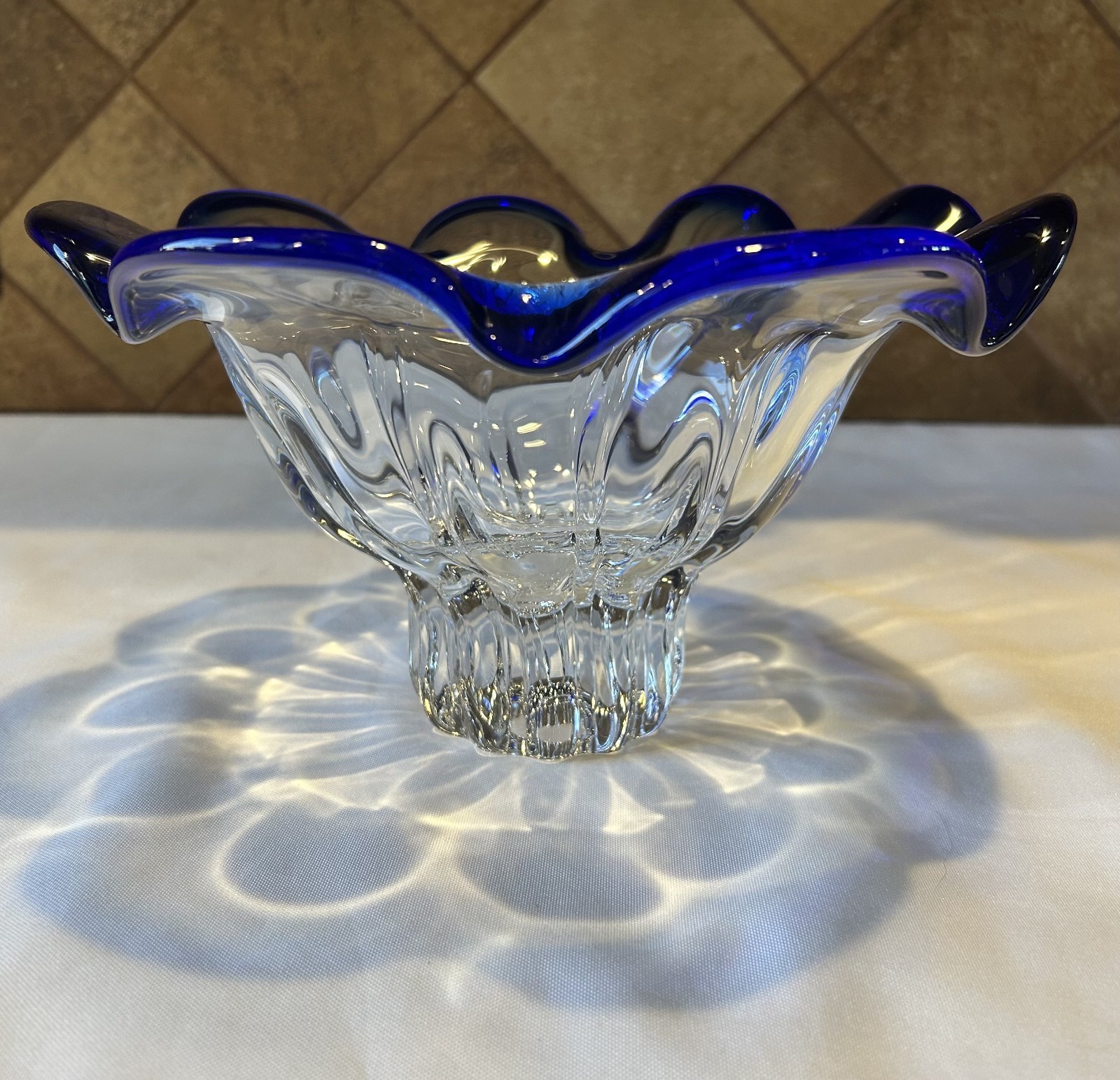 Shannon Crystal Designs of Ireland Clear/Cobalt Blue Crystal Ruffled Rim Bowl