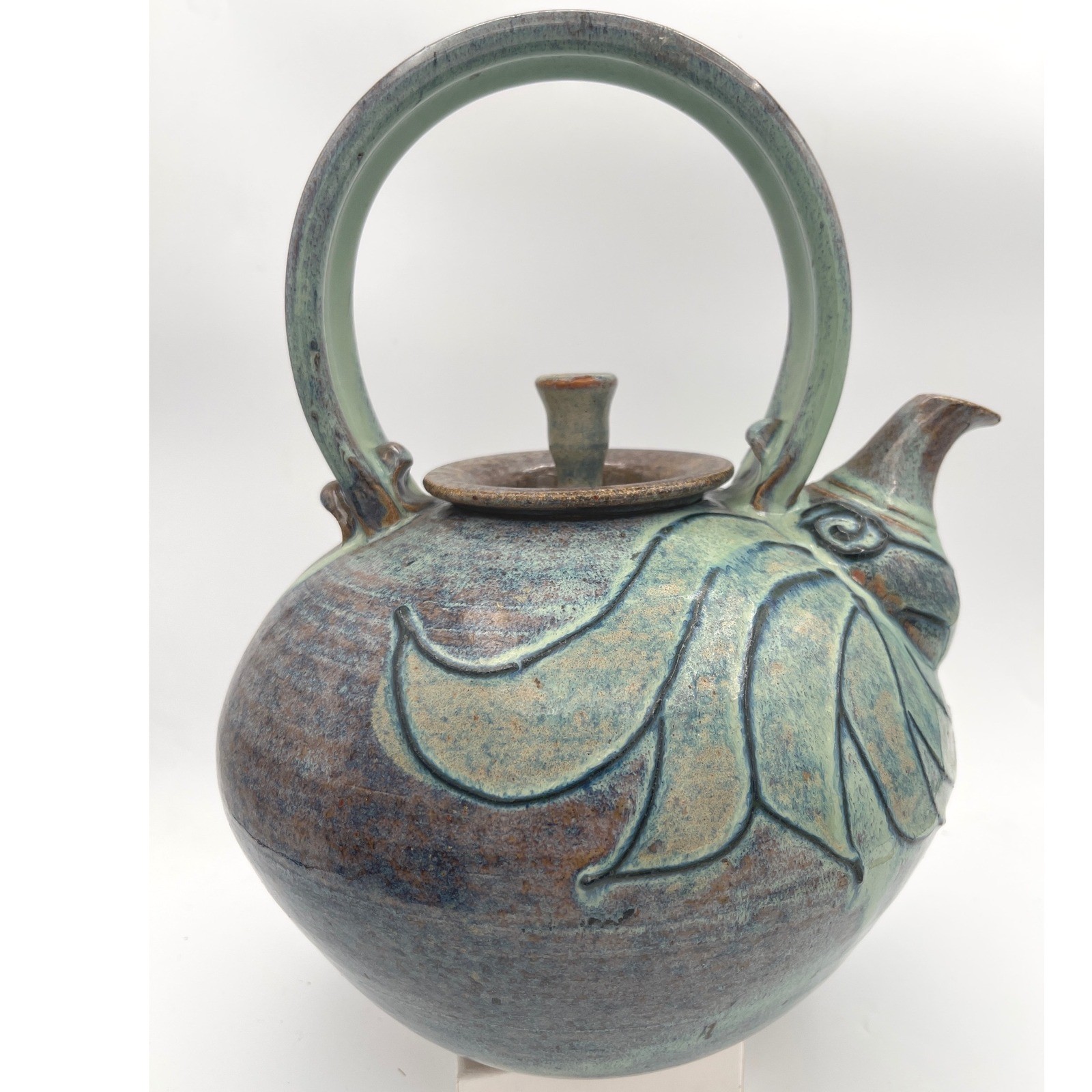 Artisan studio Pottery Teapot Signed large Glazed Stoneware Blue Green vtg