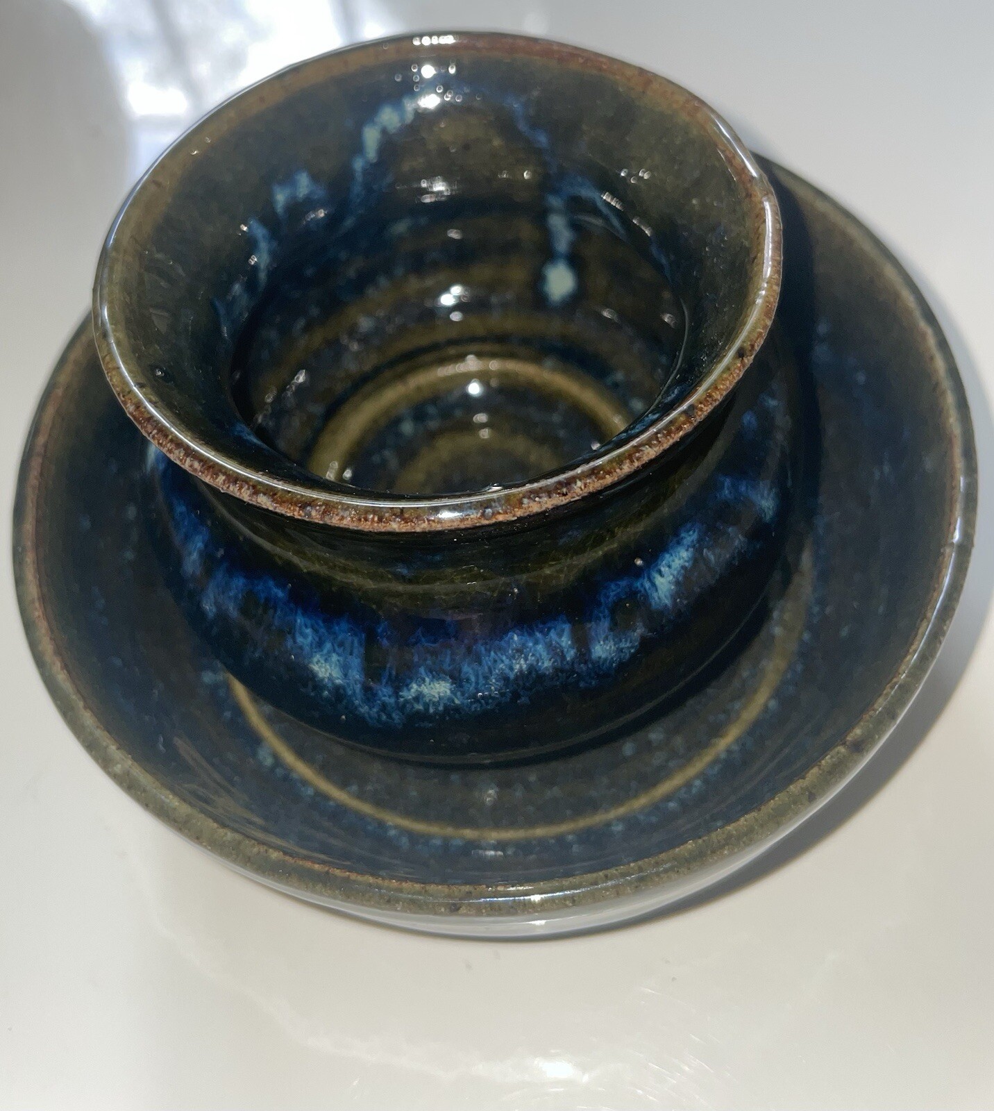 2 Pc Signed Studio Pottery Planter / Saucer Moody Blue Drip Ceramic Hand Thrown