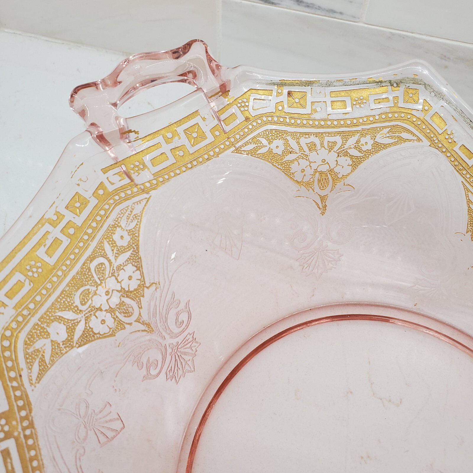 Elegant Pink Depression or Elegant Glass Hexagon Handled Etched Gilded Bowl