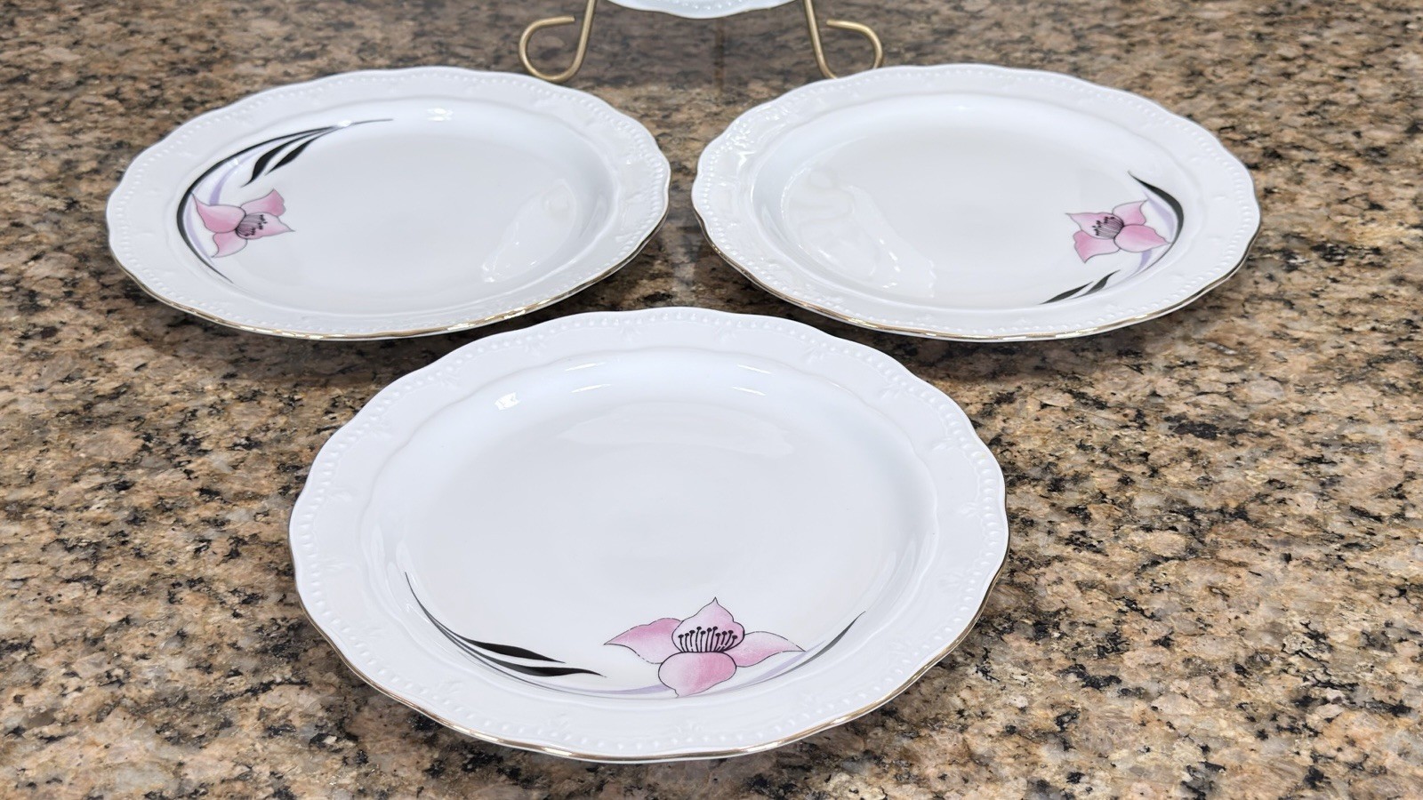 Vintage Danish Design Atelier Pink Floral Gold Trim Rim Soup Bowls Set of 3-9”