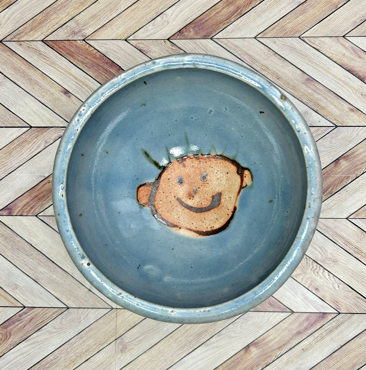 Pottery Bowl Faces Footed Artisan Handmade 6” Diameter 3.5″ Tall Blue Whimsical