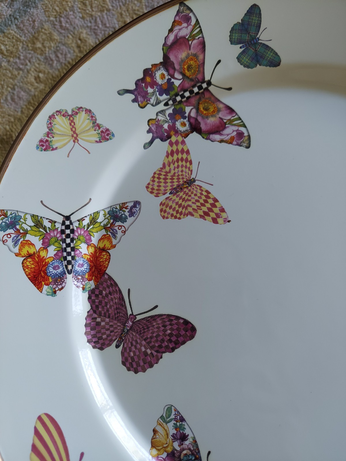 Mackenzie-Childs Butterfly Garden Pedestal Platter With Courtly Check