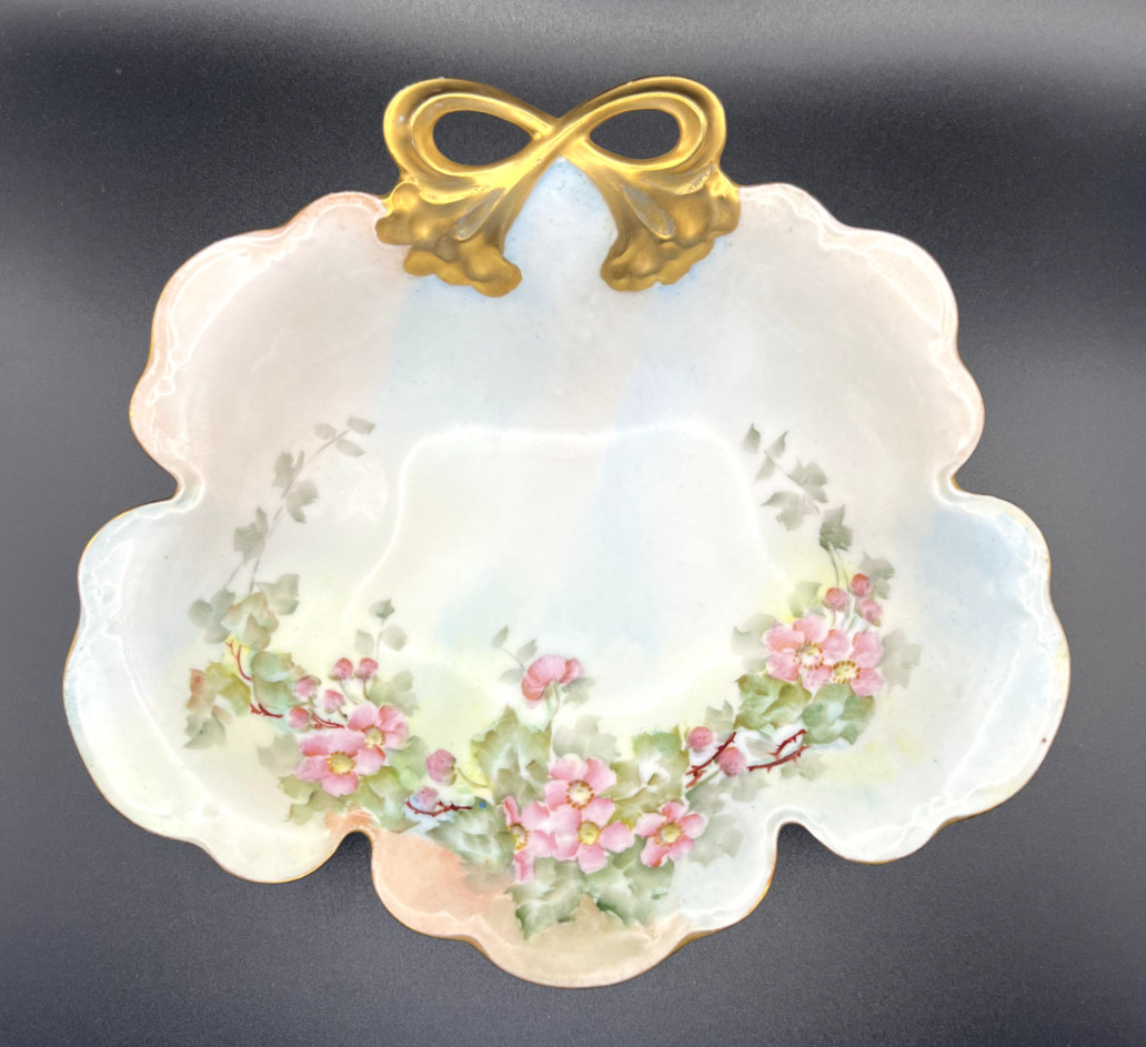 Antique JHR Alice Bavaria Gold Bow Handled Nut Dish Hand Painted Floral