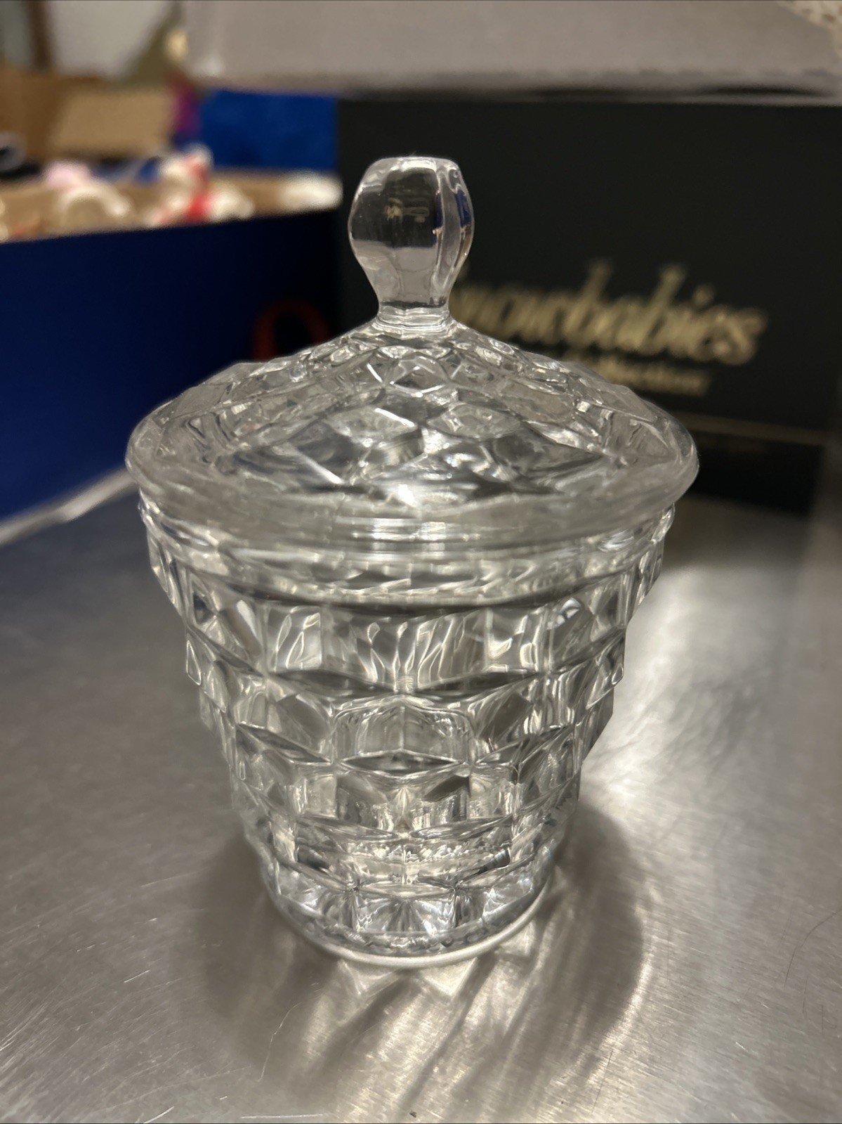 Fostoria American Clear Jam Pot with Lid 4 3/8” x 2 3/4” Elegant Glass