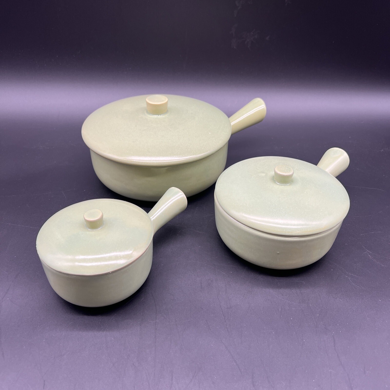 Vtg MCM La Solana Pottery Mint Green Set Of 3 Round Casserole Bowls Pots Lids