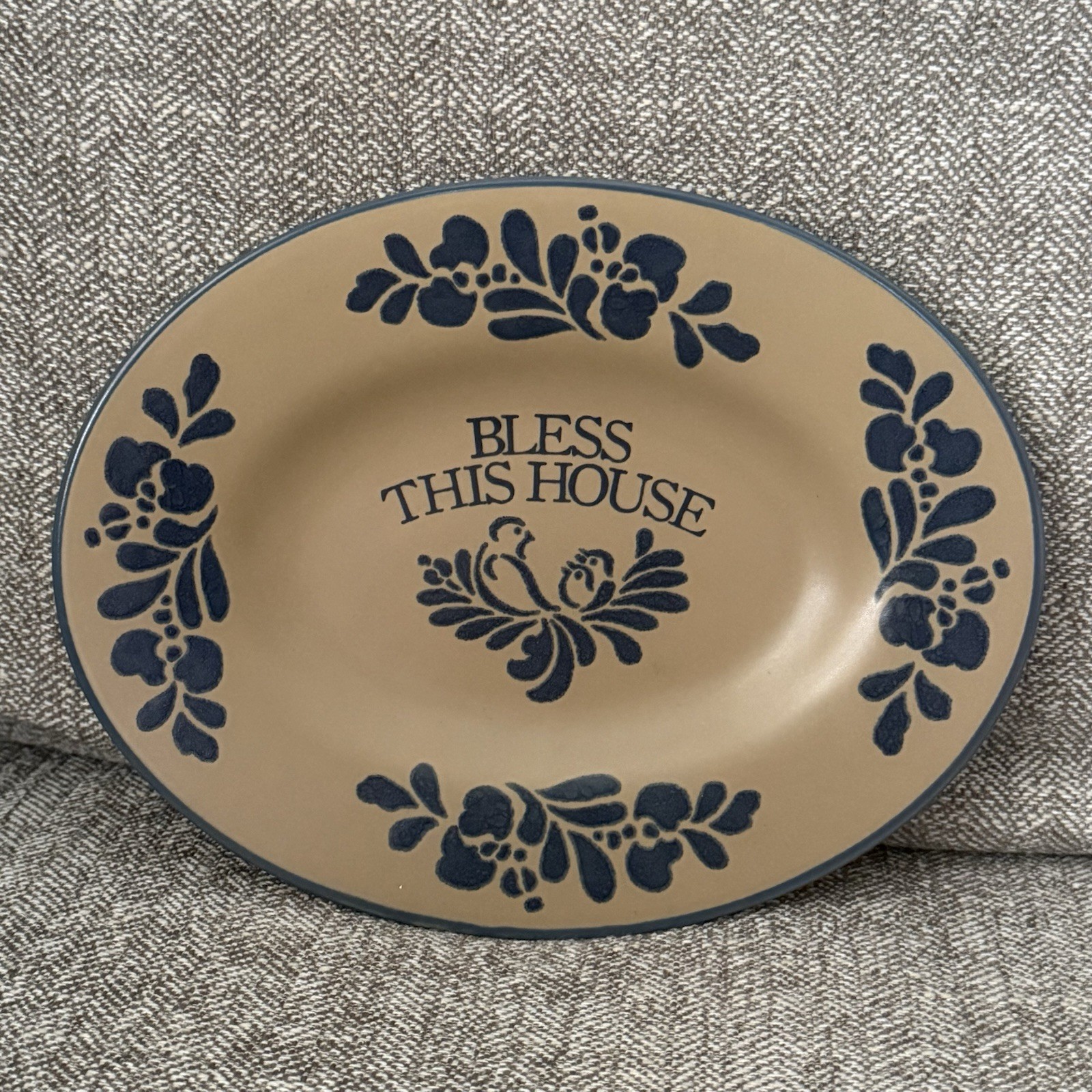 Rare Pfaltzgraff Folk Art “Bless This House” Plate Oval Stoneware Folk Art Plate