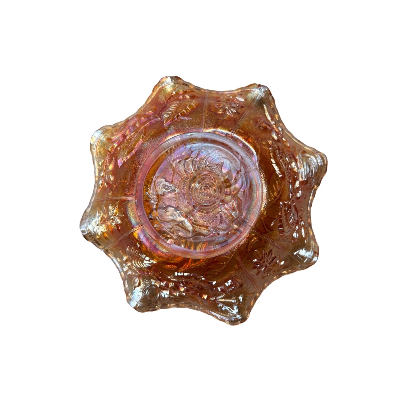Vintage Imperial Glass American Beauty Embossed Rose Open Marigold Lustre 1950s