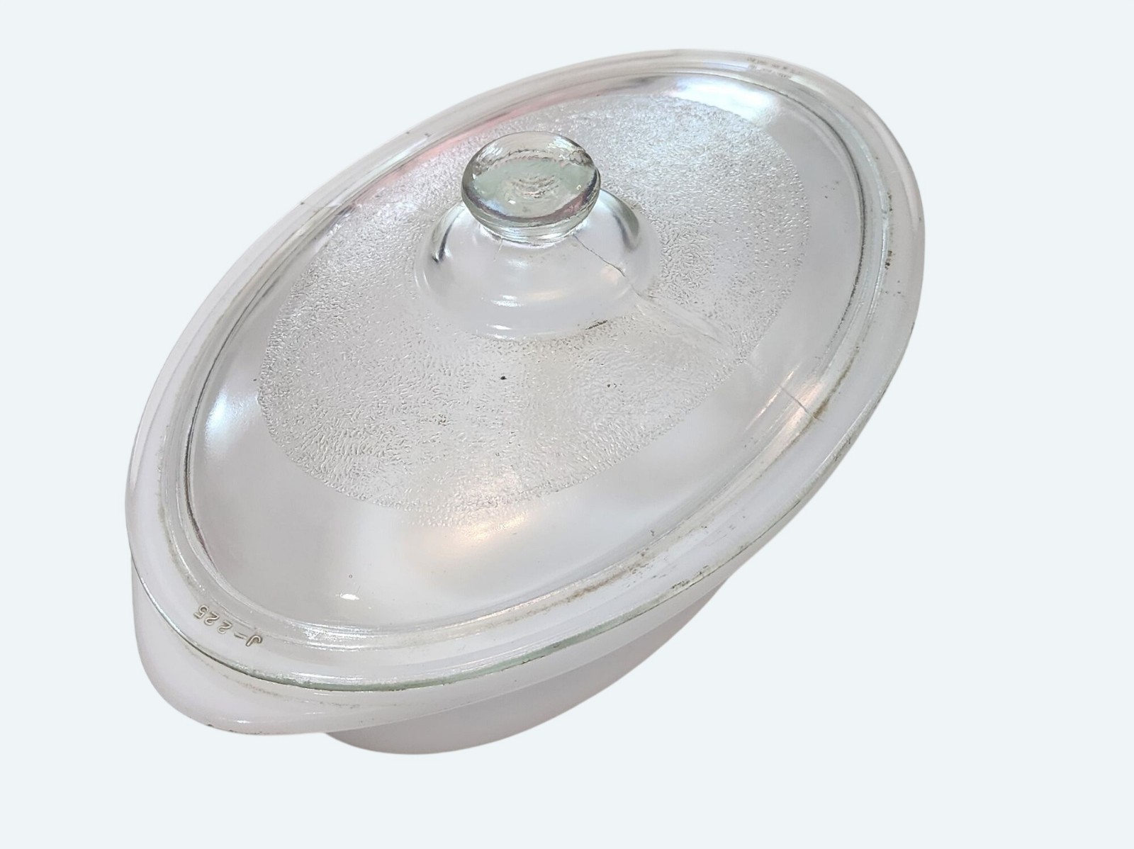 1 Qt Glasbake White Milk Glass Oval J-235 Casserole Dish w Clear Lid J-225 Vtg