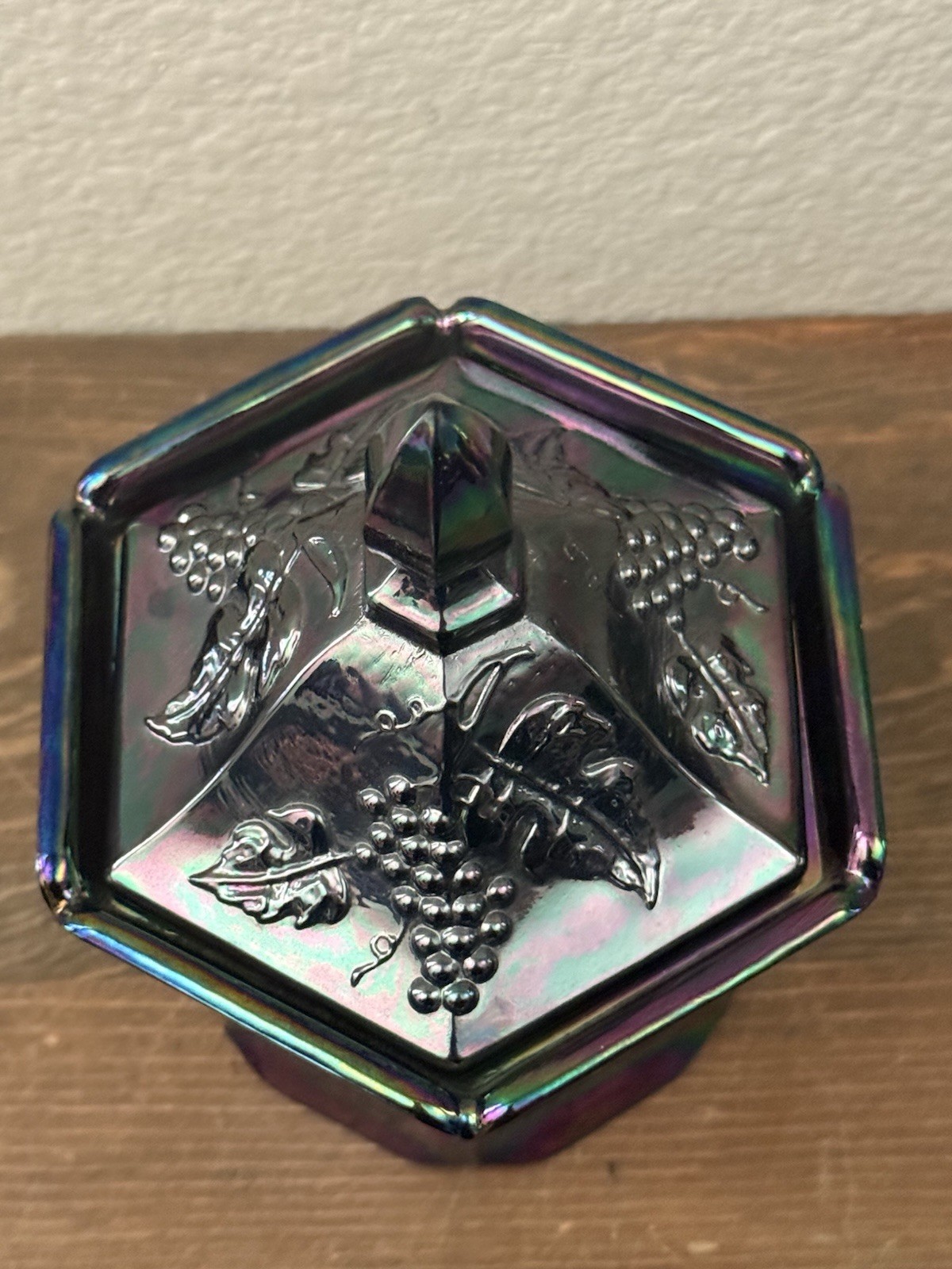 Fenton Carnival Glass Grapes Candy Dish With Lid Hexagon Shape Iridescent Finish