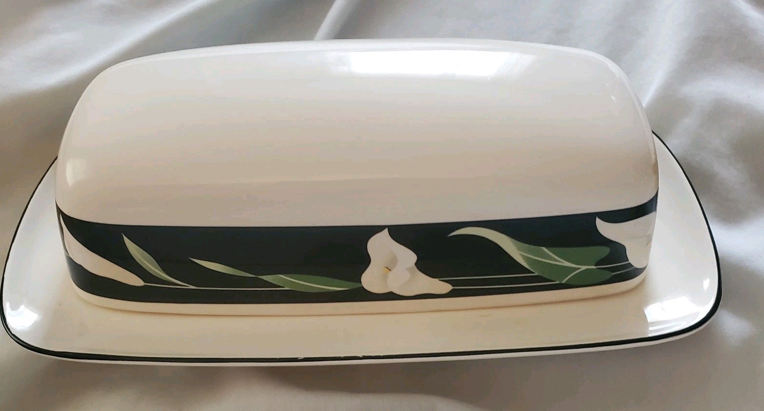 Sango Black Lilies Quadrille Covered Butter Salt Pepper Set 1984-1994 Scarce Lot