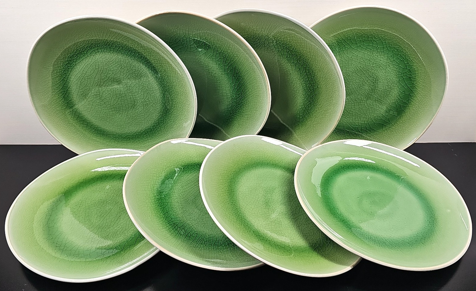 8 Roscher Crackle Glass Green Dinner Plates Set Elegant Stoneware Table Dish Lot