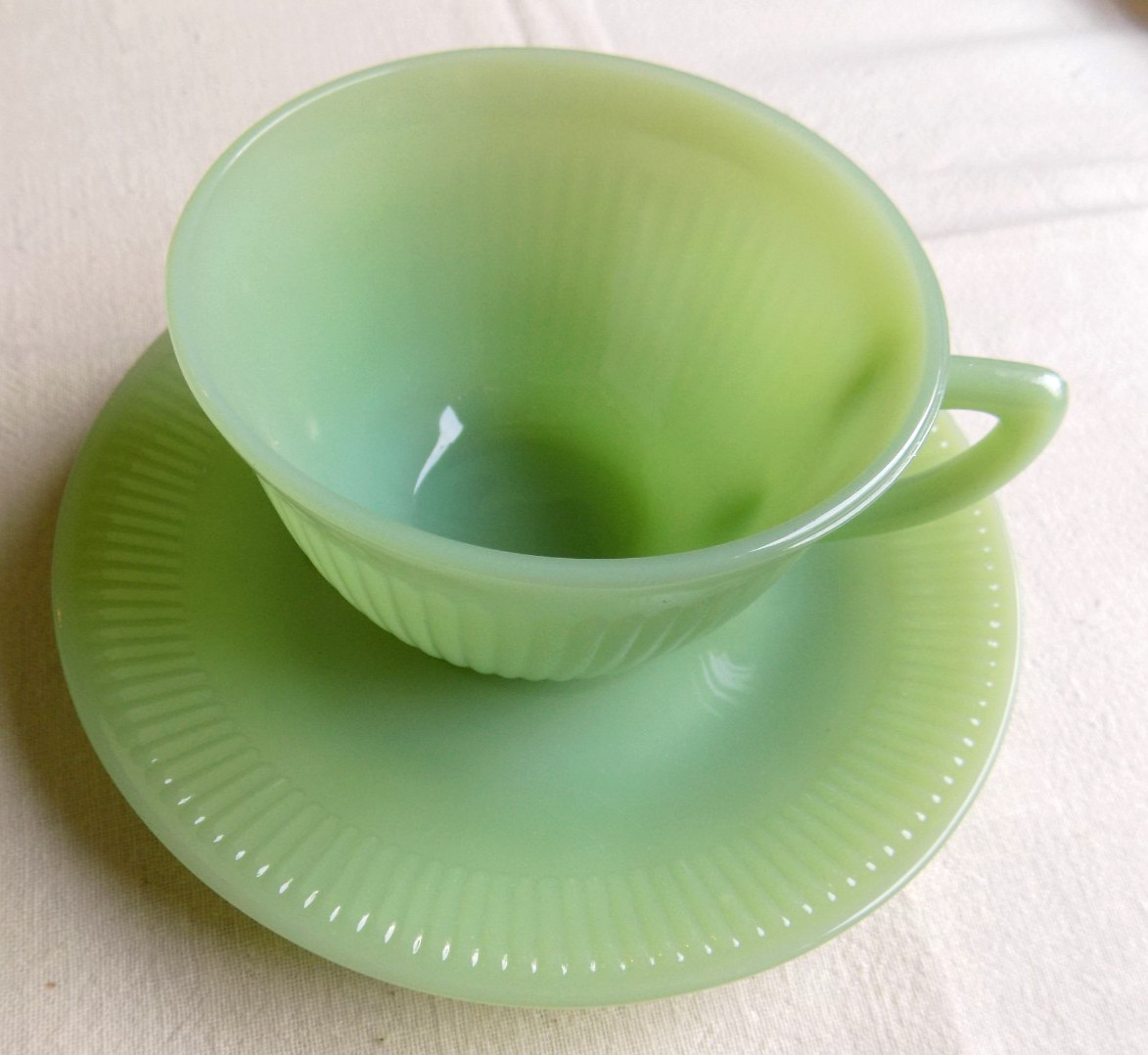 Vintage Fire King Jadeite Green Glass Creamer & Cup and Saucer Jadite