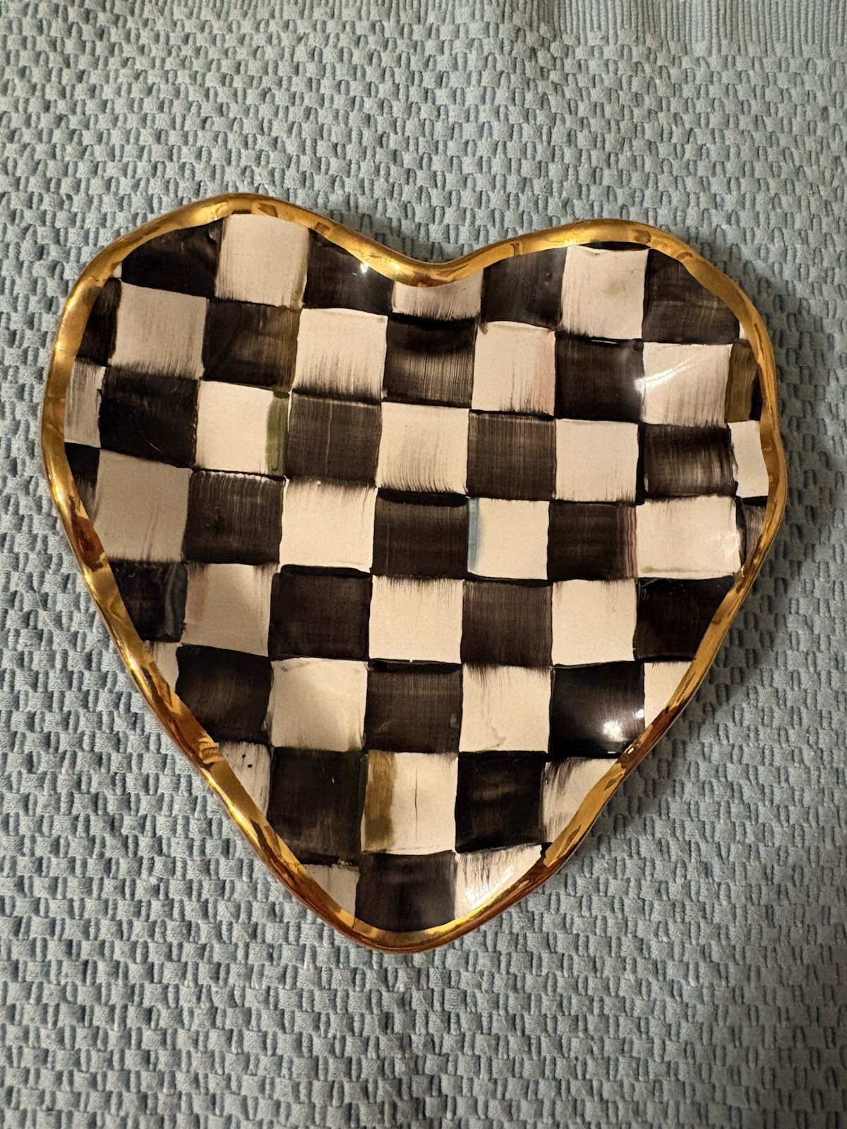MacKenzie-Childs Courtly Check Heart Dish Tray Hand Painted Gold Trim 2012