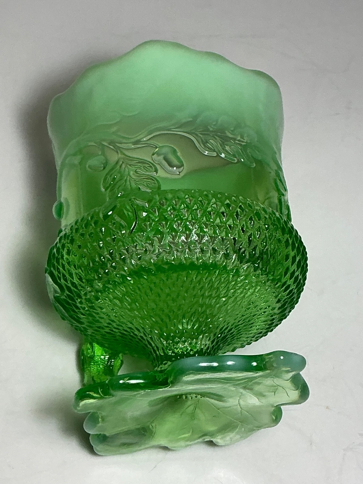 Vintage Mosser Glass Green Glass Acorn & Oak Pattern Spooner 5 in.
