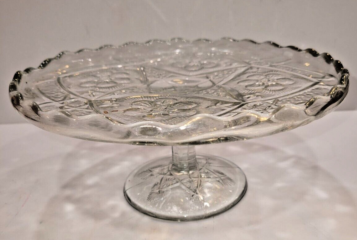 Antique Indiana Glass 1905-20 Cake Pie Pedestal Stand EAPG Rayed Flower 9.5″