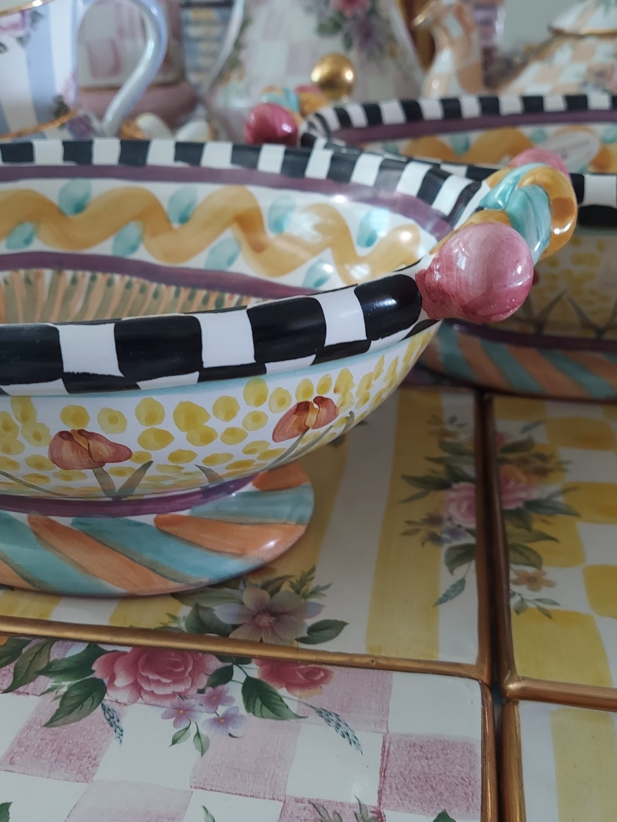 MacKenzie-Childs Taylor Odd Fellows Ceramic Footed Bowl With Courtly Check