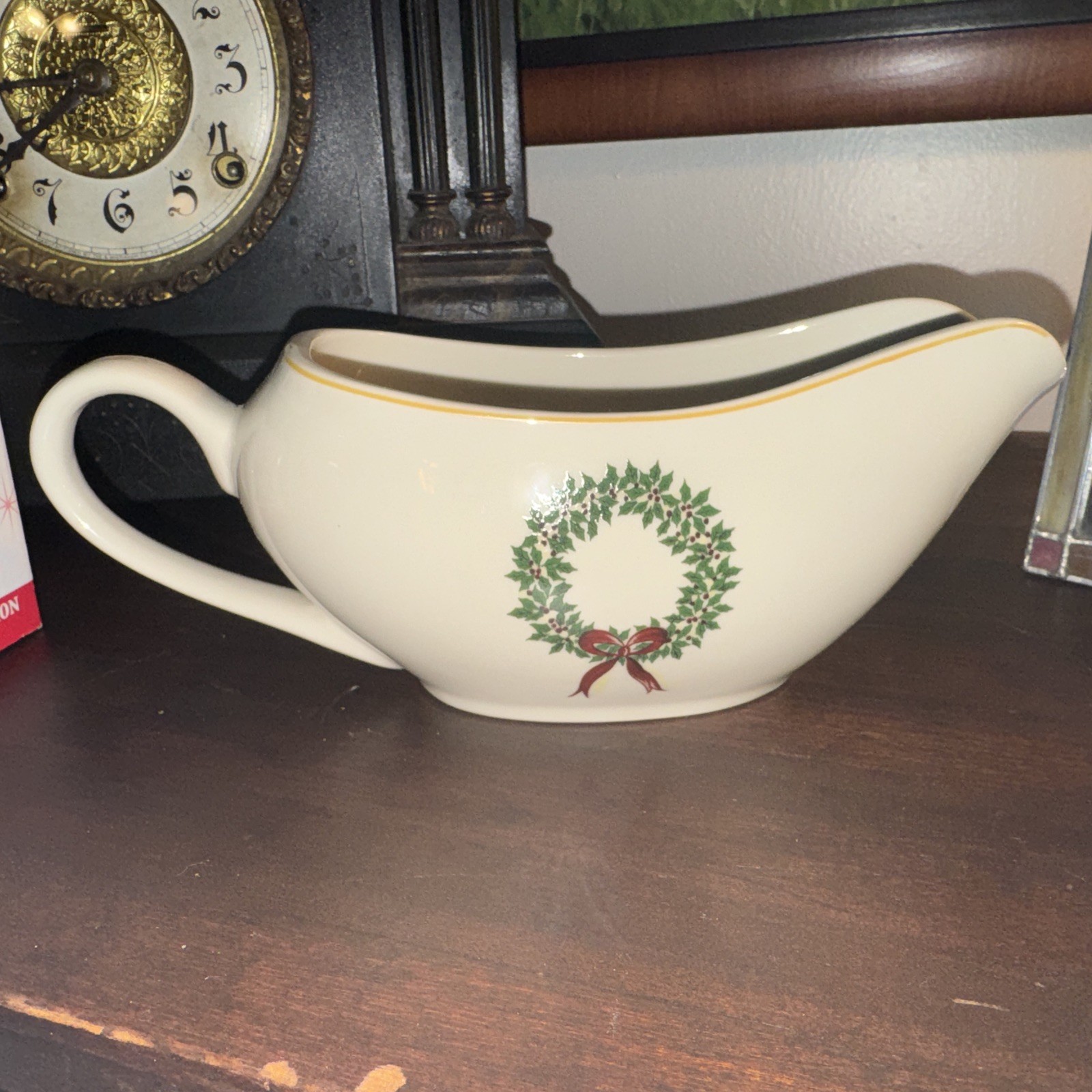 MerryBrite Stoneware Gravy Boat Holiday Home Collection with Wreath And Box