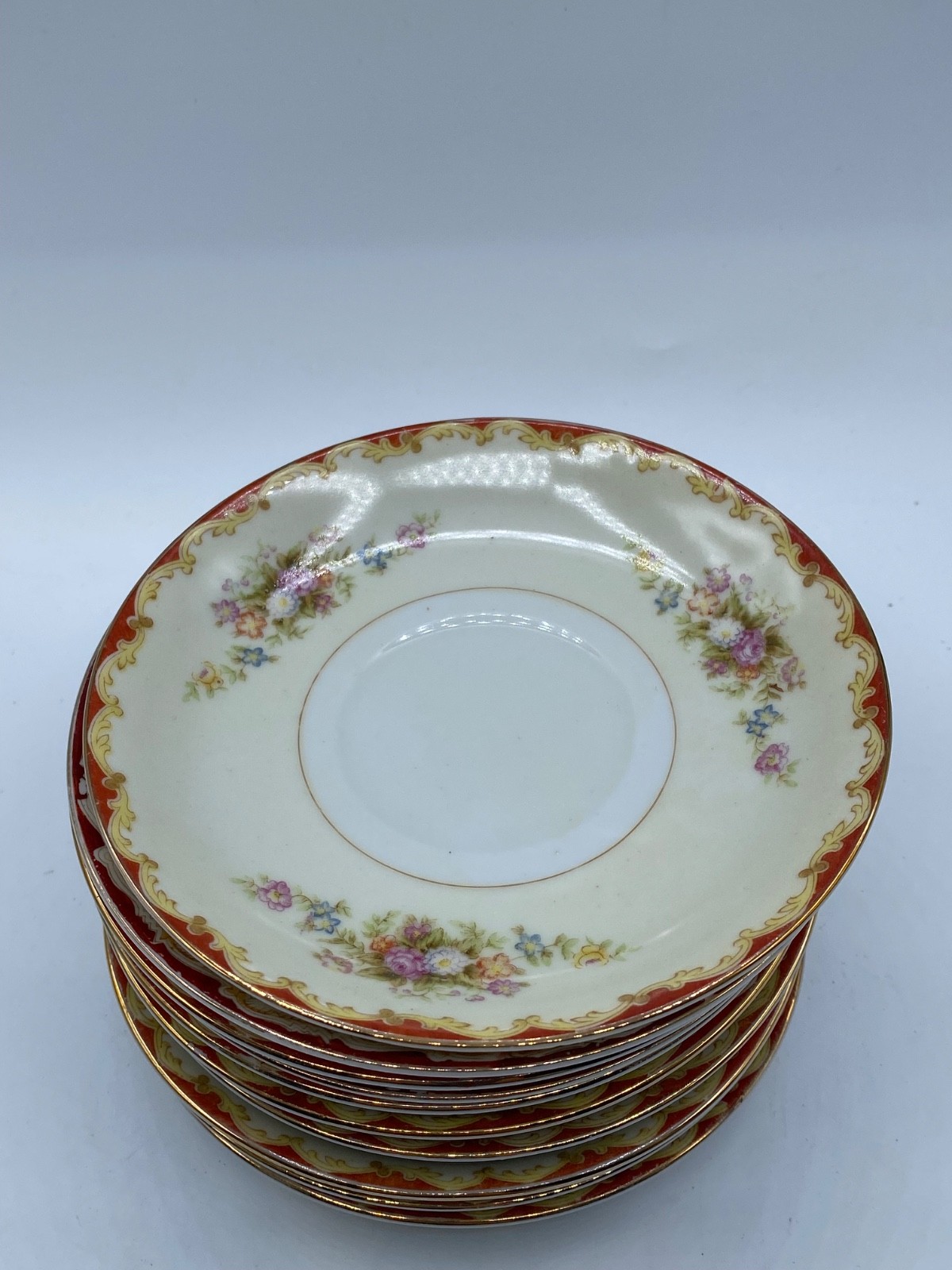 1940’s Set of 10 Saucers Red Traditional Jyoto China made in Occupied Japan 5.5″