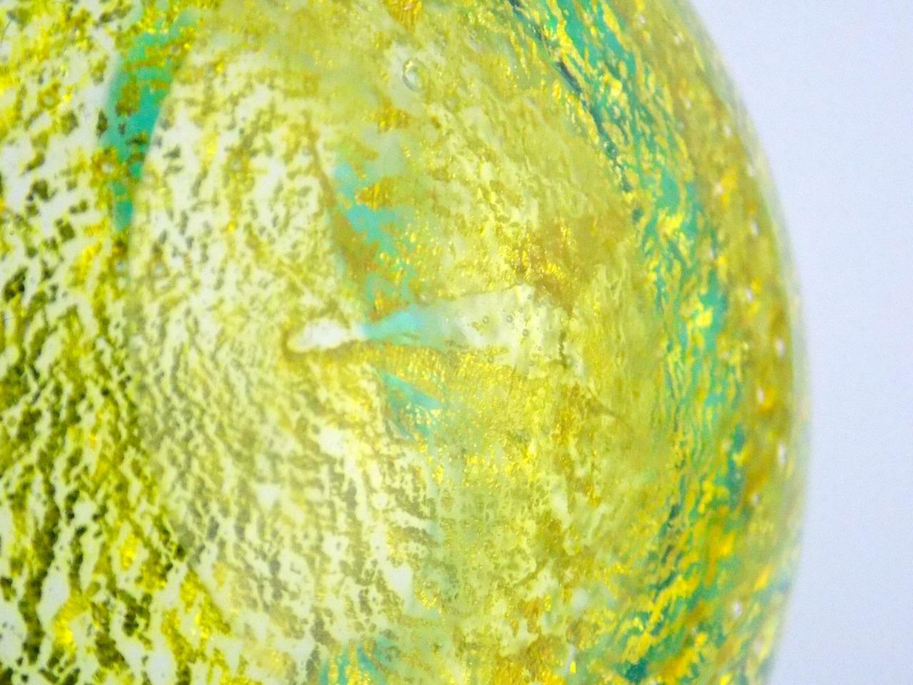 Italian Art Glass Polished Base Controlled Bubble Flower Bowl Green Blue V GOOD