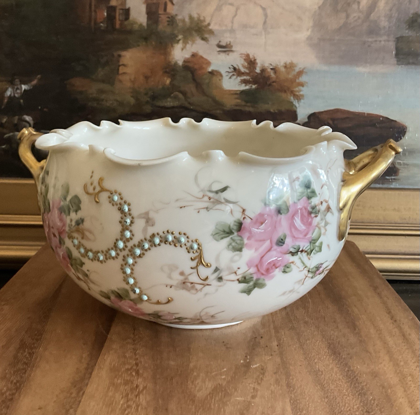 WILLETS BELLEEK Hand Painted Roses HANDLED BOWL Ruffle Rim Antique Late 19th CE