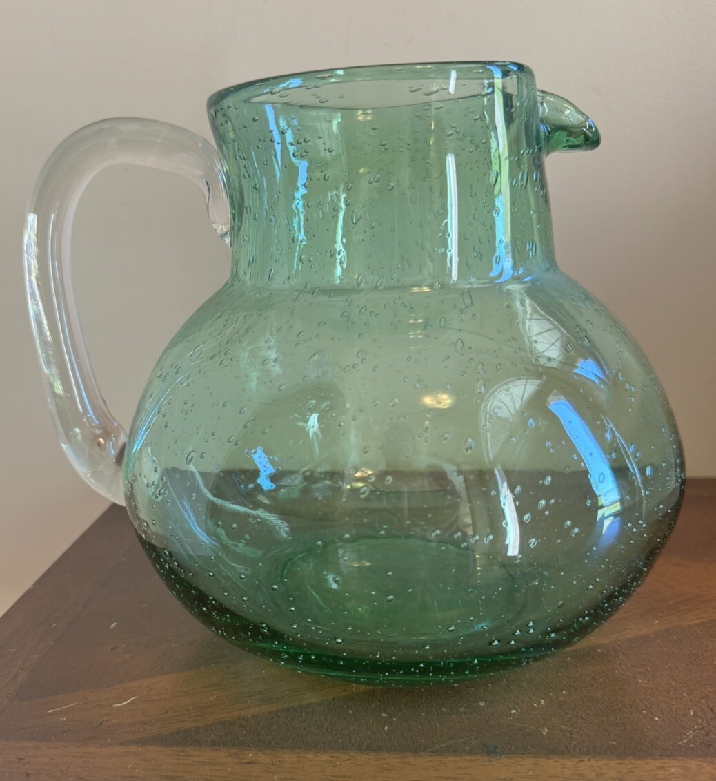 END 7/23 Large Hand Blown Green Bubble Glass Pitcher Heavy Applied Handle Seeded