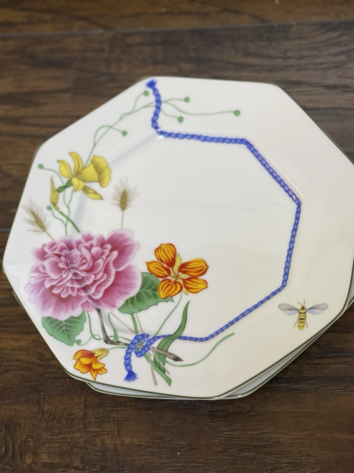 Set Of 2 Lynn Chase Flores 10” Dinner Plates W/ Blue Rope Motif,Flowers And Bee