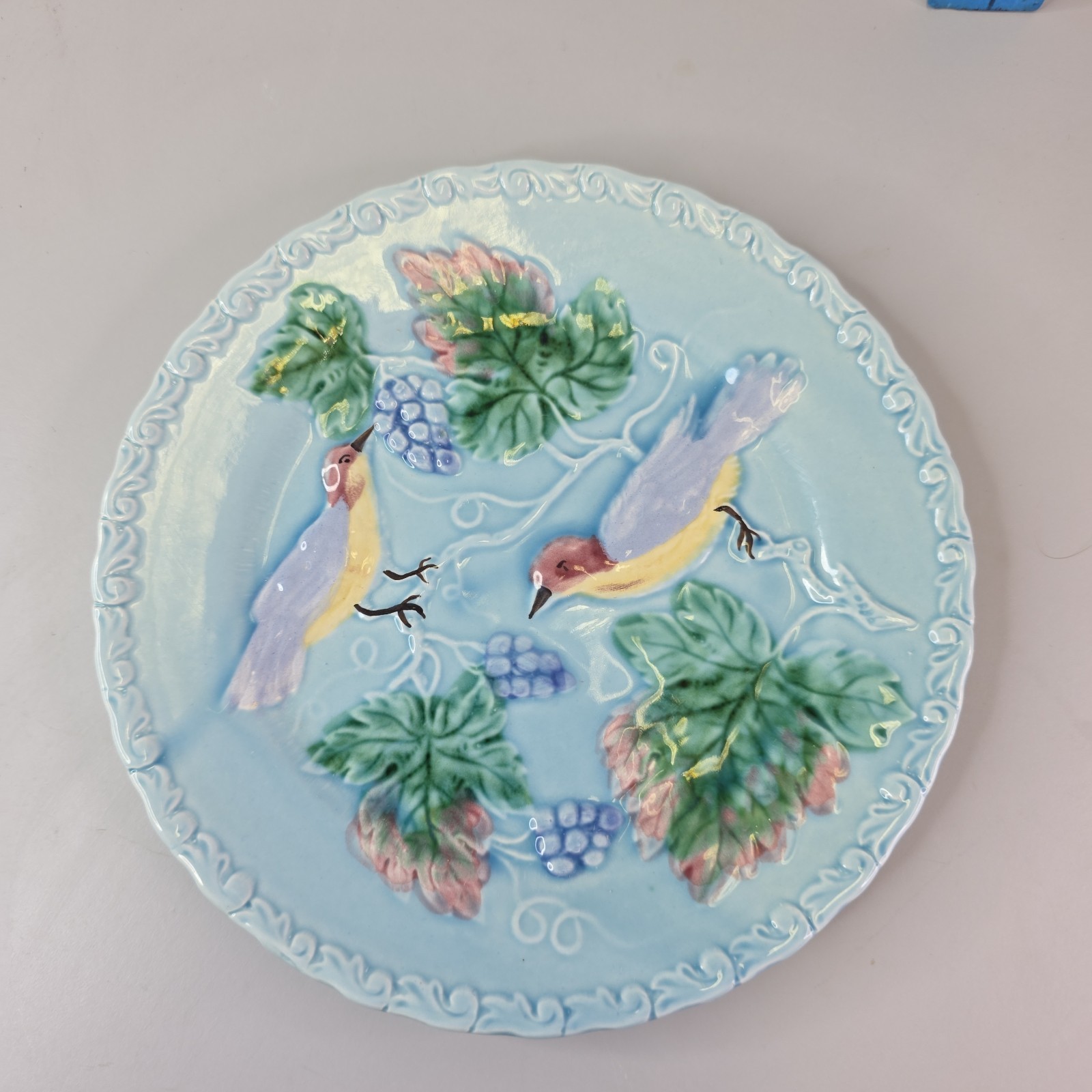 German Majolica Plate 7.75in Blue Raised Birds Grapevine 230 Vintage W Germany