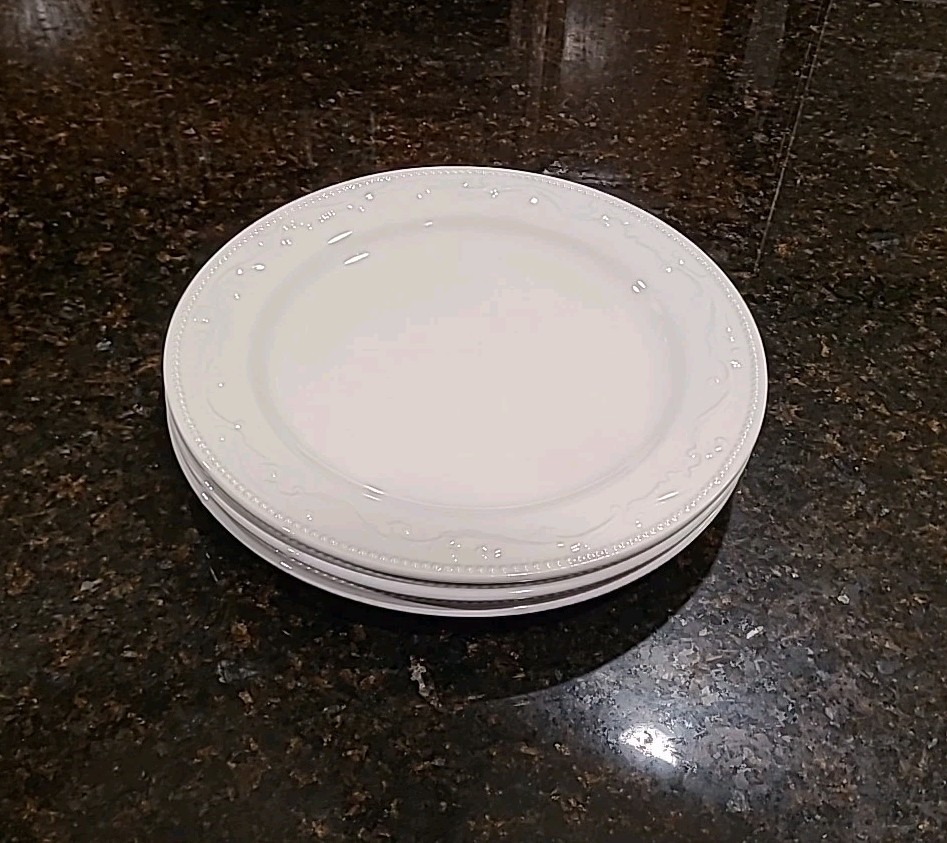 SET (3) Mesa International 11 7/8″ Dinner Plates. White Embossed Dots & Scrolls