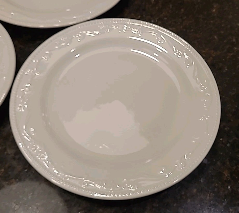 SET (3) Mesa International 11 7/8″ Dinner Plates. White Embossed Dots & Scrolls
