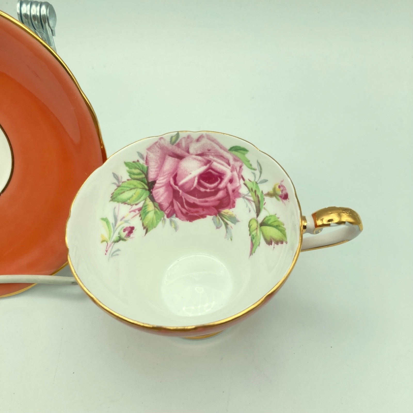 Cabbage Rose Tea Cup & Saucer Aynsley Coral Bone China England Gold Trim