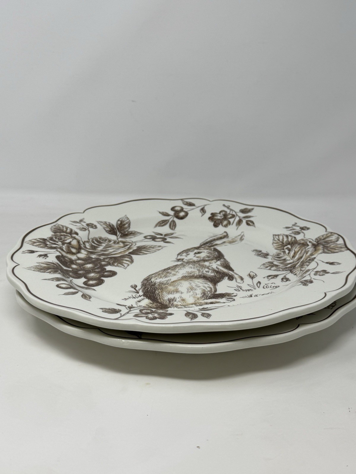2 New Maxcera Toile Bunny Brown Rabbit Easter 11 1/2 Plates VHTF