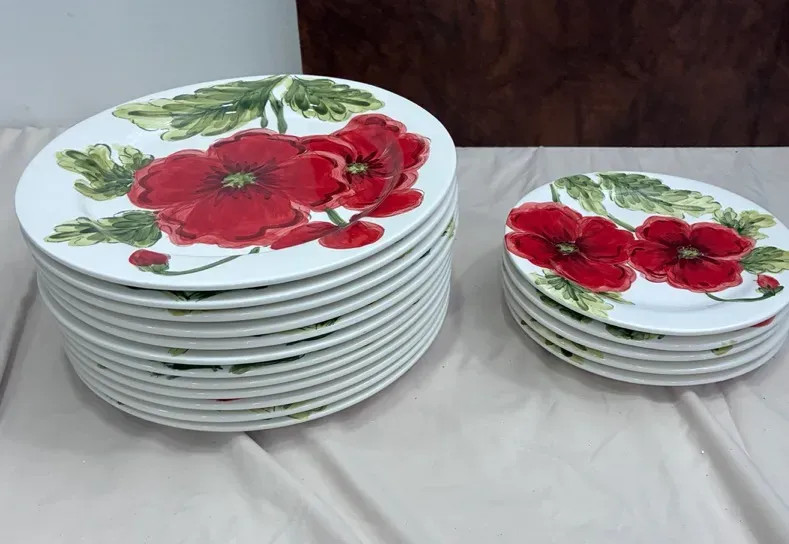 Cream Poppies Red Flower Dinner Plate 11″