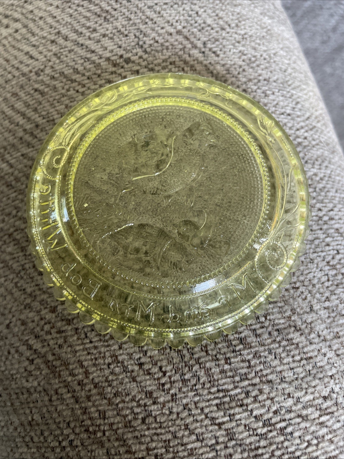 Vintage Pairpoint Glass Vaseline Uranium Glass Cup Plate Mr. & Mrs. Bob White