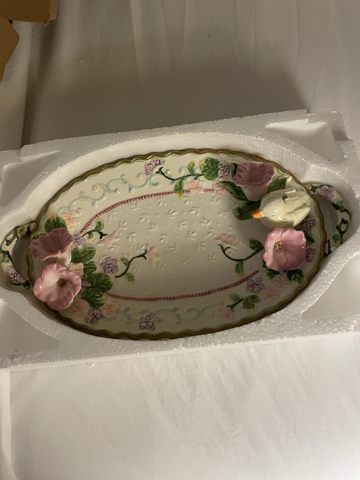 AVON Easter Spring Serving Platter China Tray Plate Flowers Duck Pastel Vtg 2001