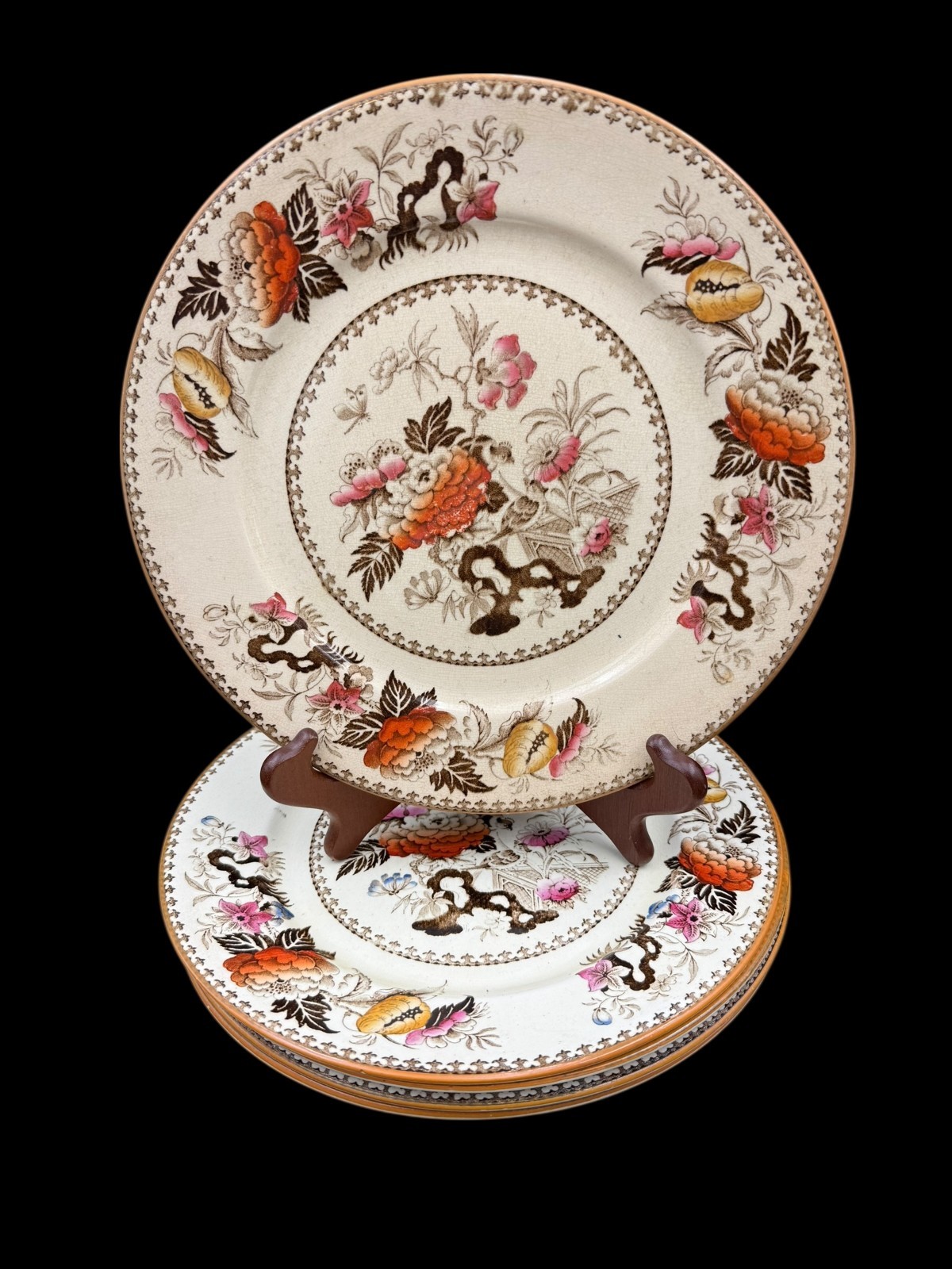 Wedgwood Bullfinch Brown Multicolor (Brown Trim) Dinner Plate 10 3/8″ Lot of 5