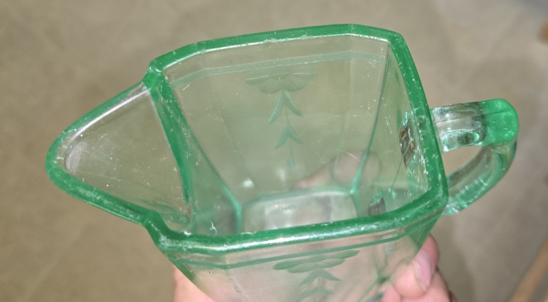 Vintage Uranium Vaseline Glass Etched Pitcher Antique GLOWS Nice 4.25″x2.5x 5″
