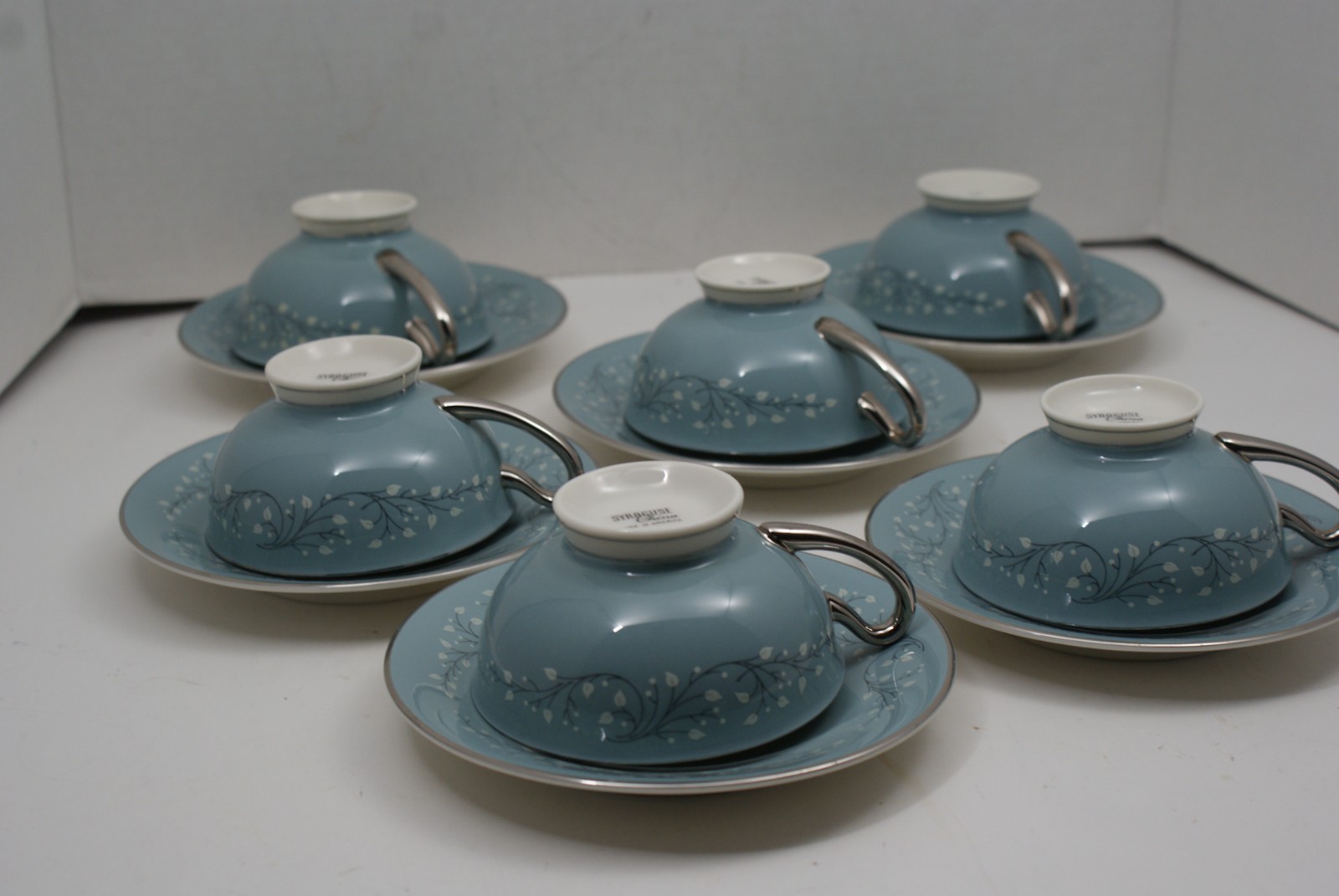 Syracuse China Minuet Footed Cup and Saucer White Blue Platinum Trim Lot of 6