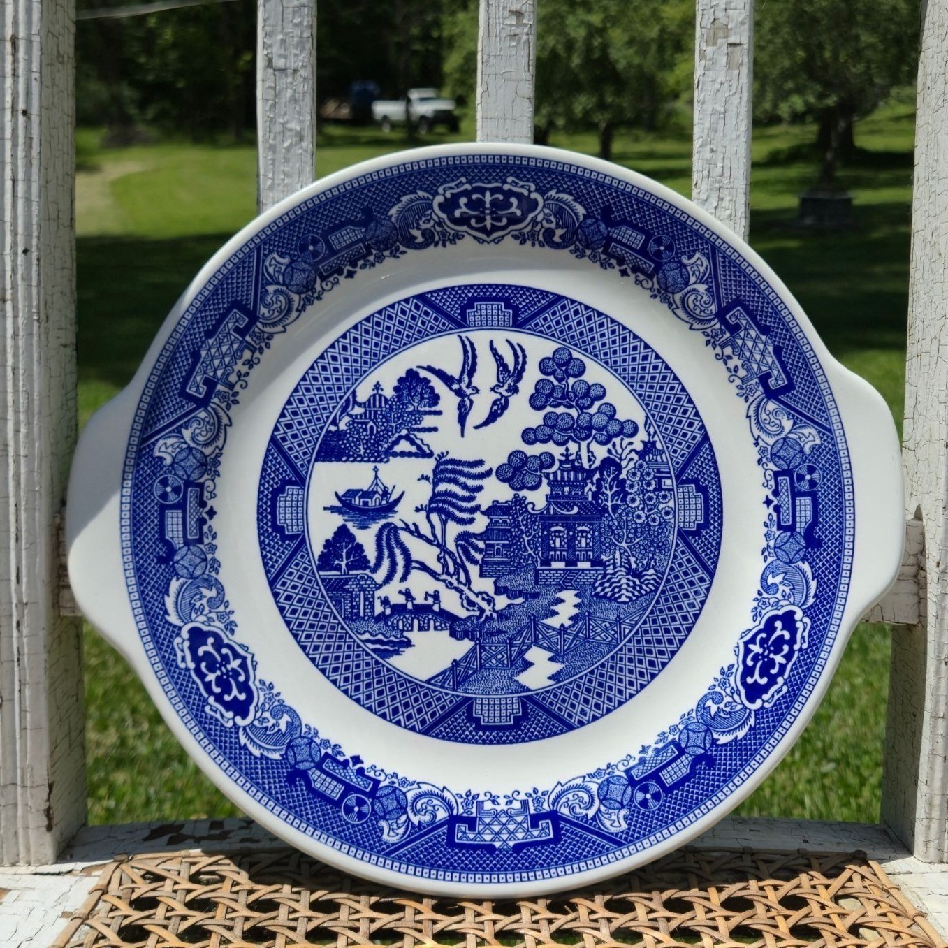 Vintage Blue Willow ware Handled Cake Plate Royal China Serving Tray Platter