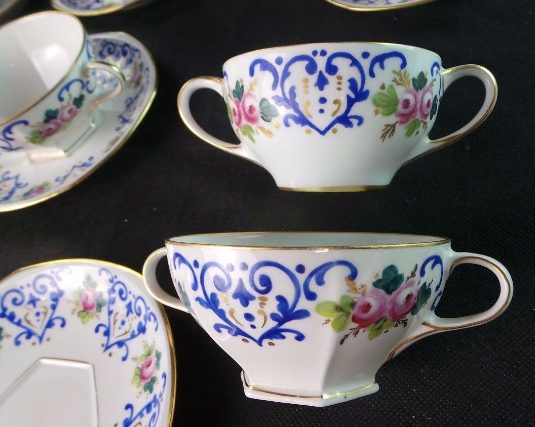 13 Howell & Hubbard / Hutschenreuther Soup Bouillon Wh & Cobalt Blue Hand Paint