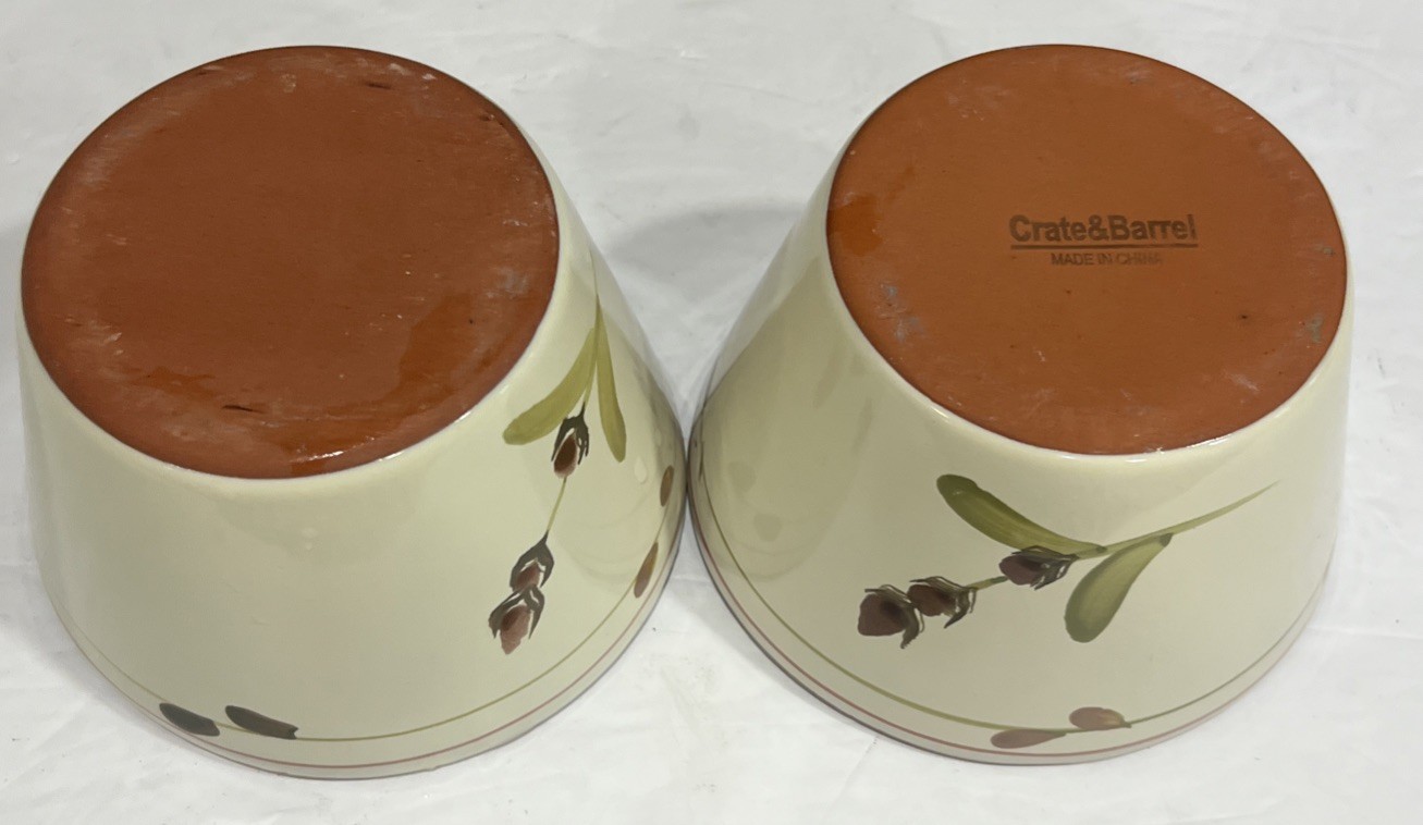 (2) CRATE & BARREL PROVENCE rustic OLIVE BRANCH Terracotta Serving Dip Bowls