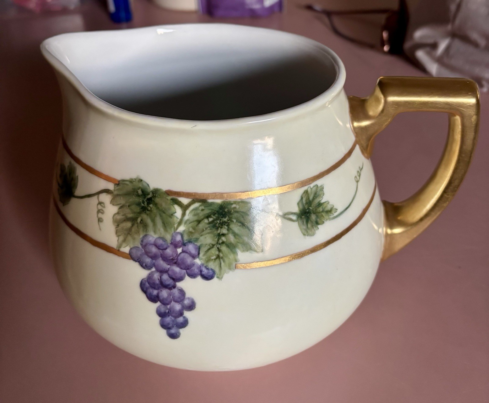 Limoges Cider Pitcher, W G & Co 1900-1915,Signed-Ballou Grapes,vines,leaves,