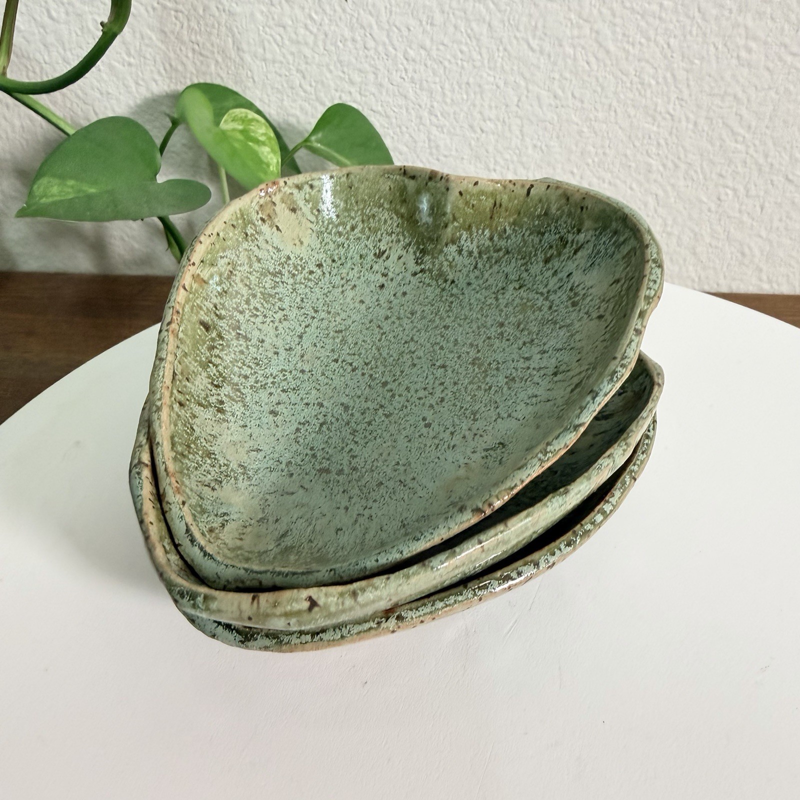 Ceramic Studio Art Pottery Glazed Heart Leaf Print Trinket Dish Tray Signed 3