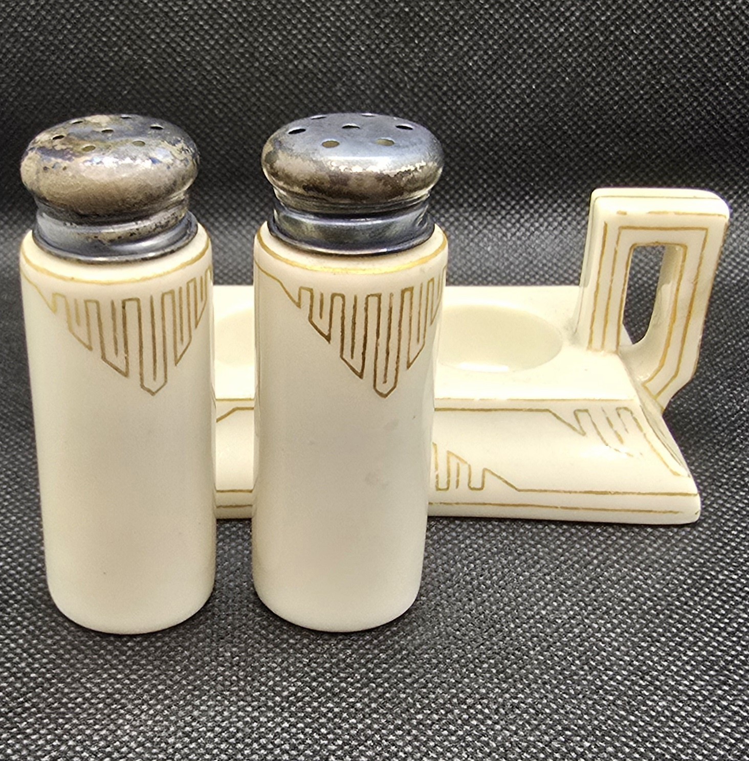 Antique 1906 Lenox Belleek Porcelain Salt & Pepper Shaker Set w/ Stand Art Deco